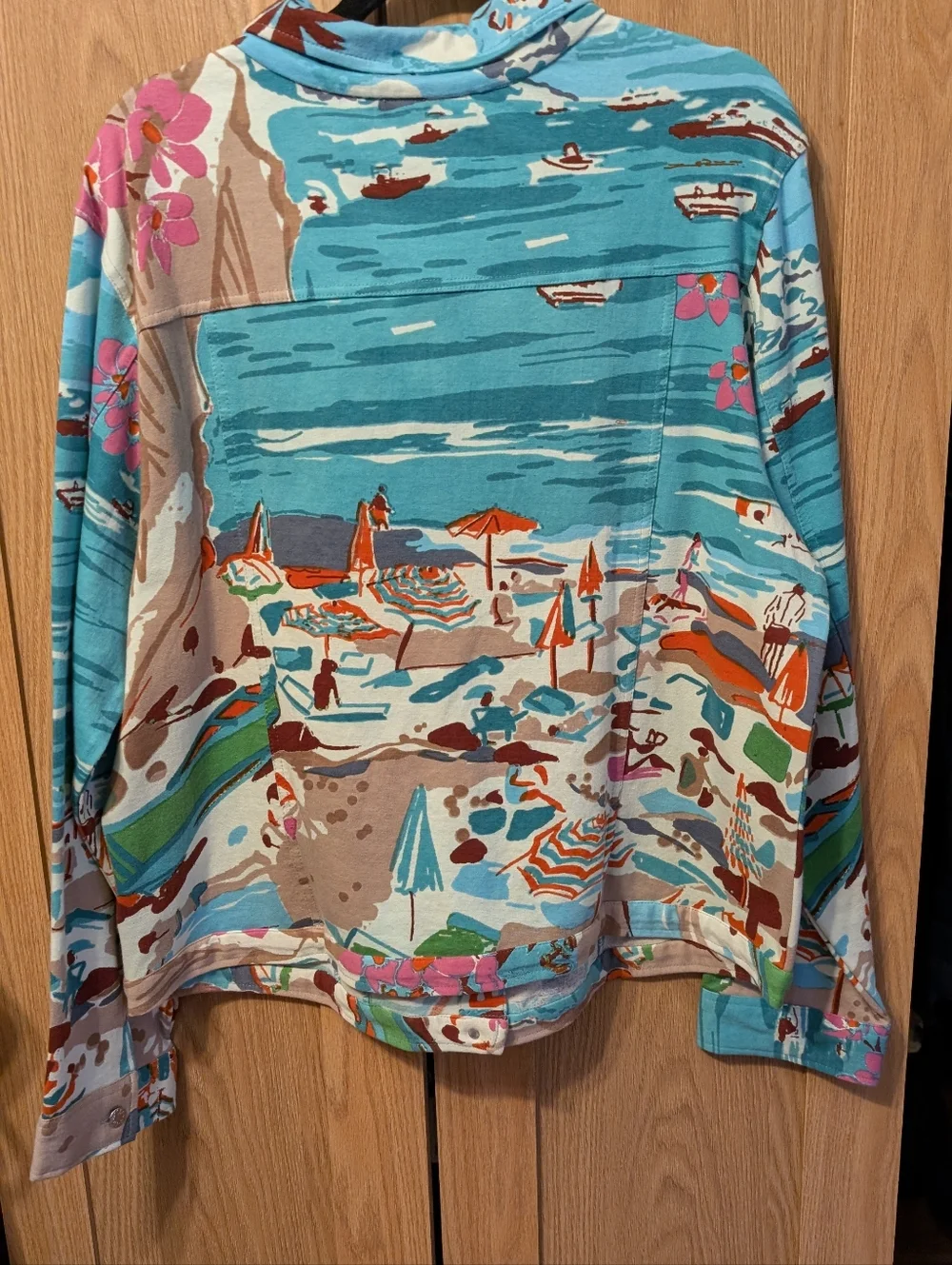 Tropical Beach Print Button-Up Jacket - Turquoise Multi - Picture 6 of 7